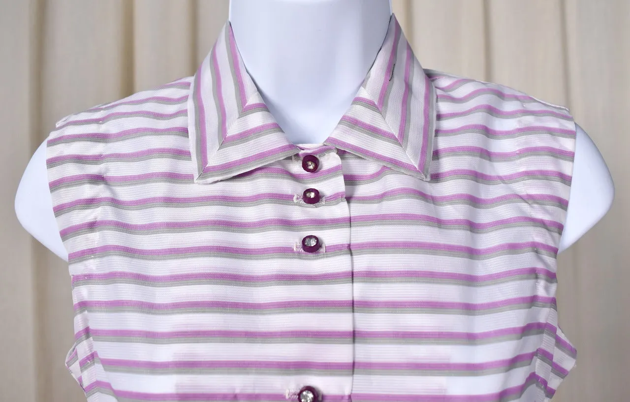 1950s Purple Striped Rhinestone Button Shirt Dress