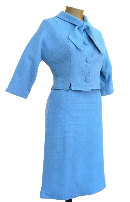 1960s Blue skirt suit w/ tie neck