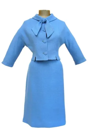 1960s Blue skirt suit w/ tie neck