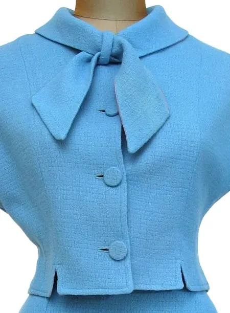 1960s Blue skirt suit w/ tie neck