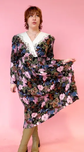 1980s Dark Florals Collared Dress, sz. M