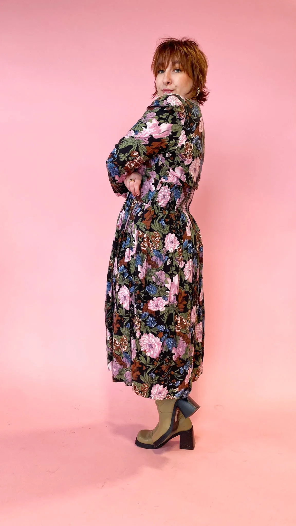 1980s Dark Florals Collared Dress, sz. M