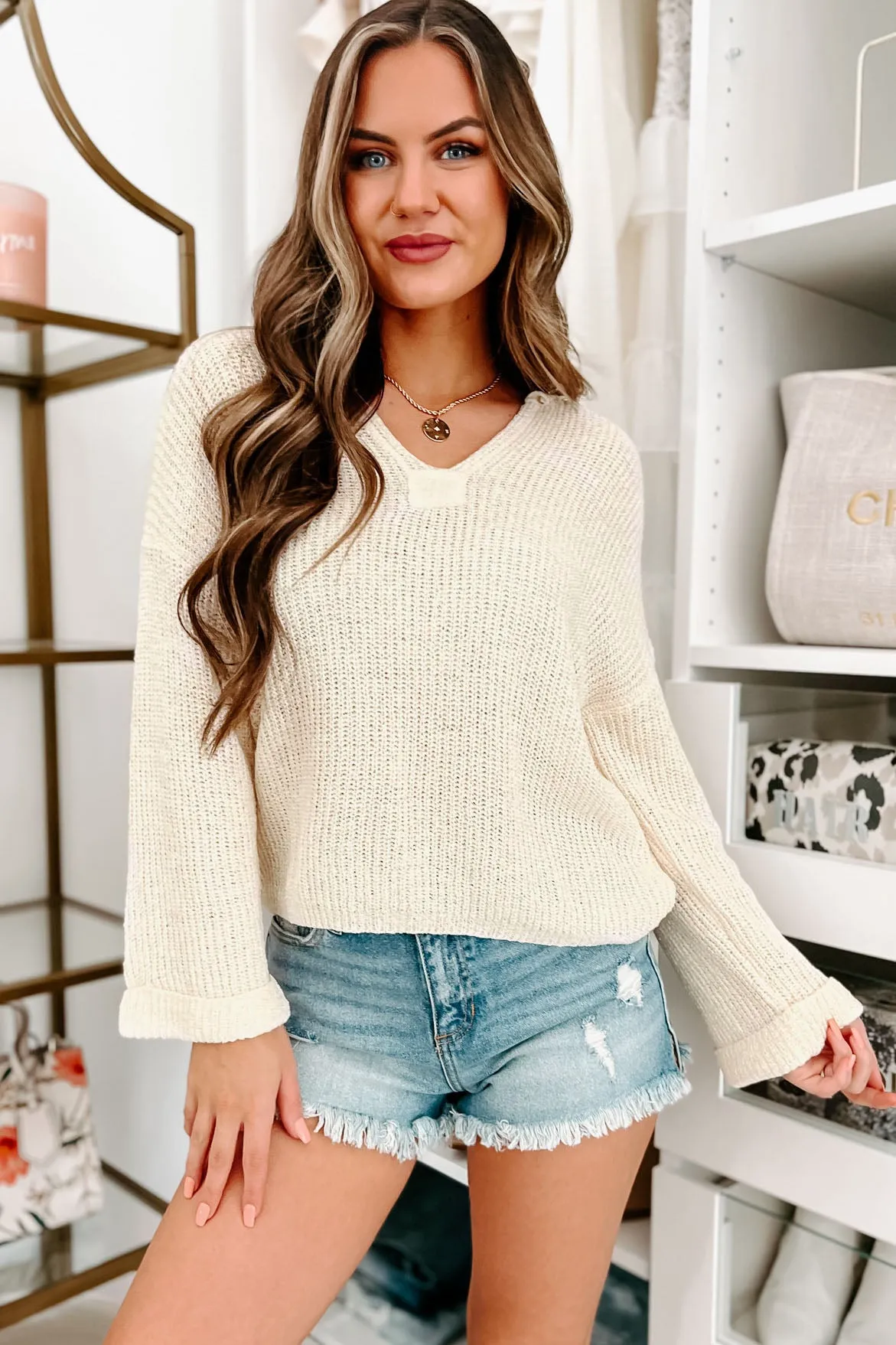 Afternoon Calm V-Neck Cuffed Sleeve Sweater (Cream)