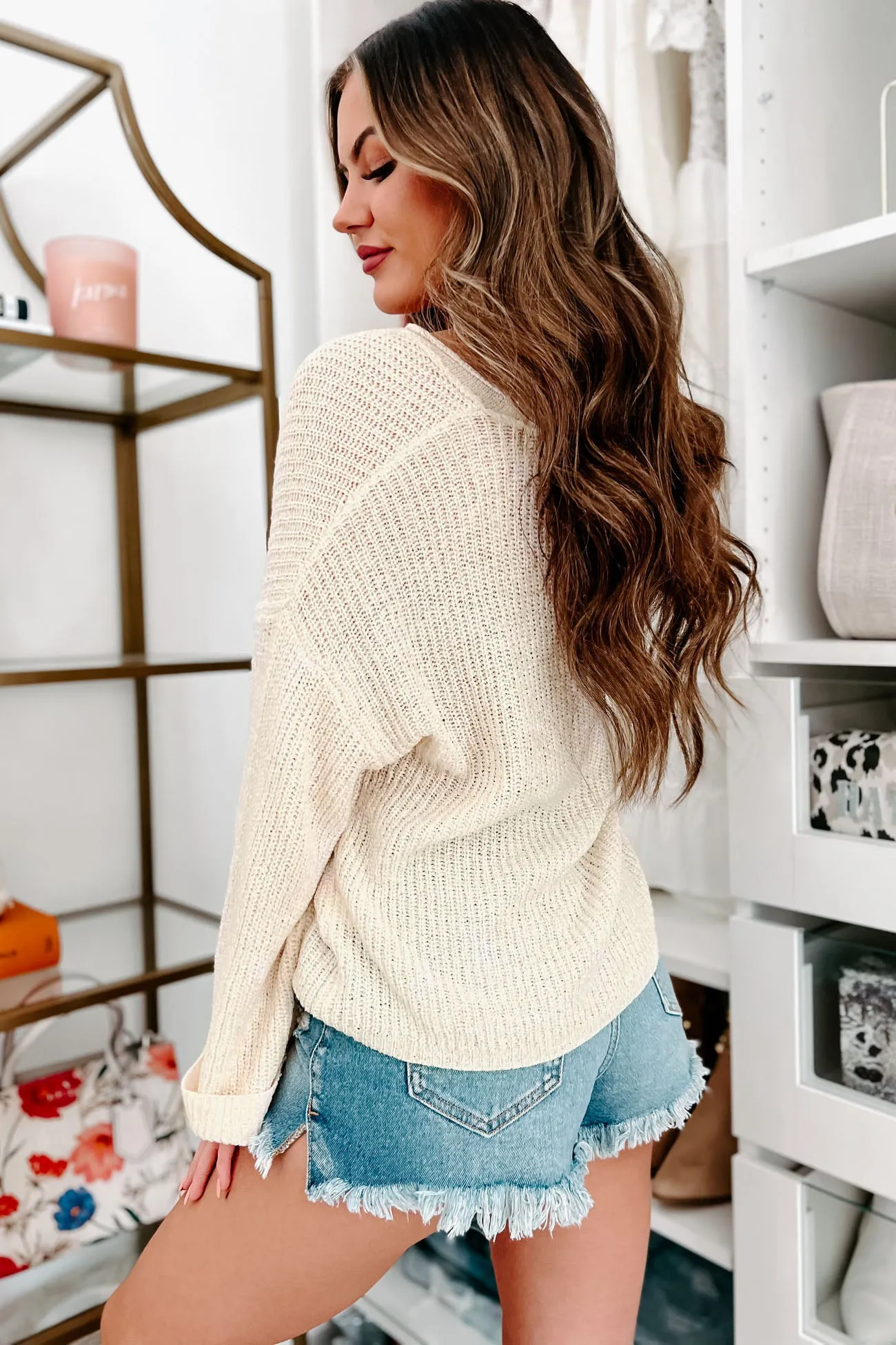 Afternoon Calm V-Neck Cuffed Sleeve Sweater (Cream)