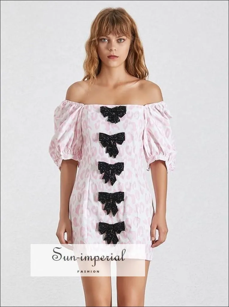 Avignon Dress - Pink Leopard Slim Square Collar Puff Sleeve off the Shoulder Bow Knot Mini Dresses