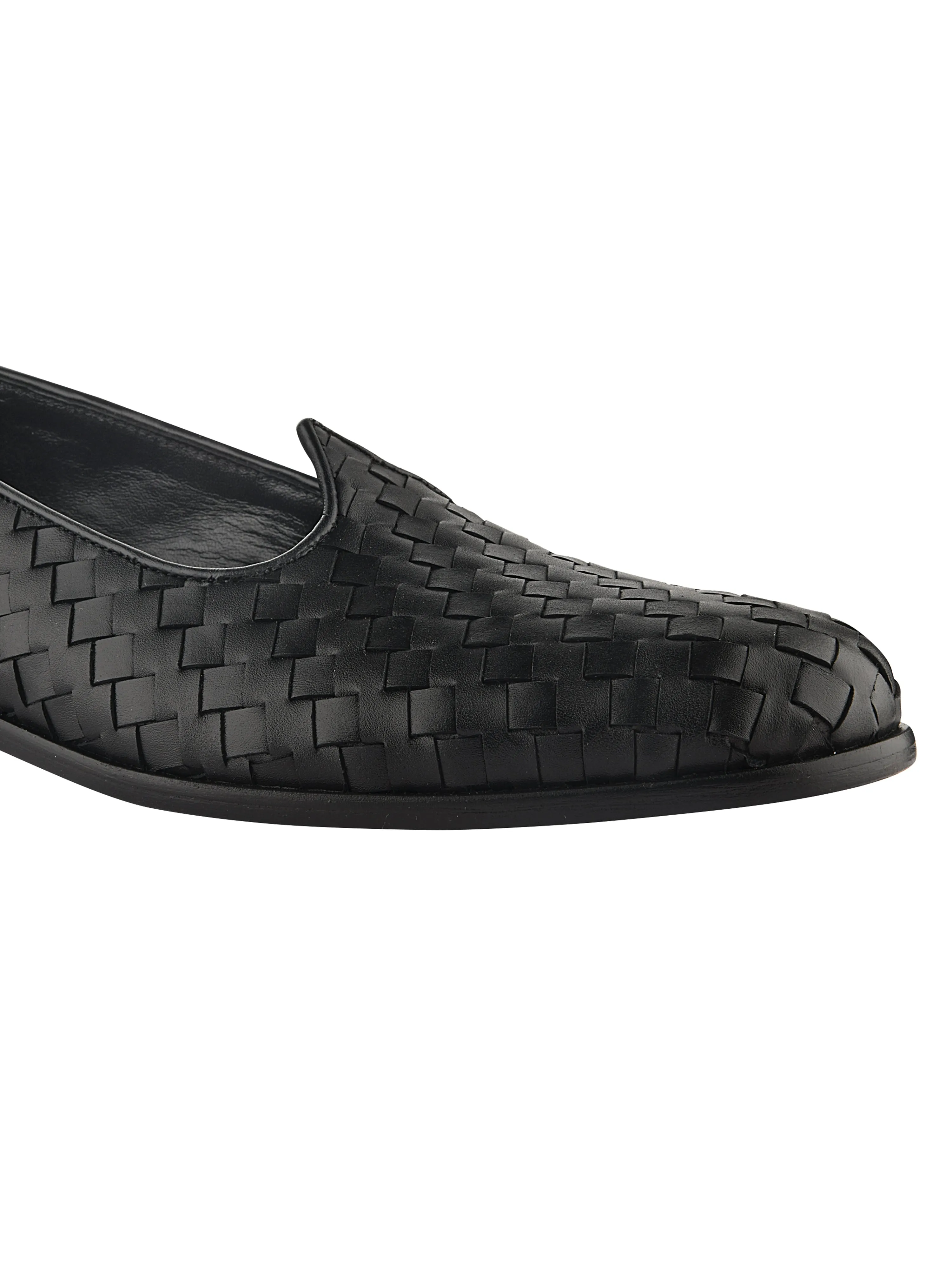 Black Leather Weave Mojris For Men