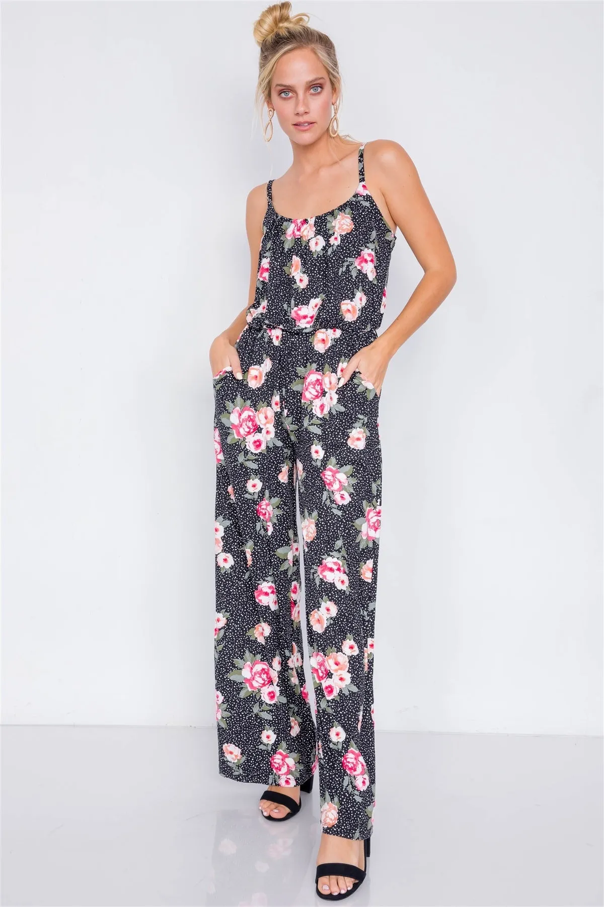 Black Rose Polka Dot Maxi Wide Leg Elastic Scoop Neck Jumpsuit