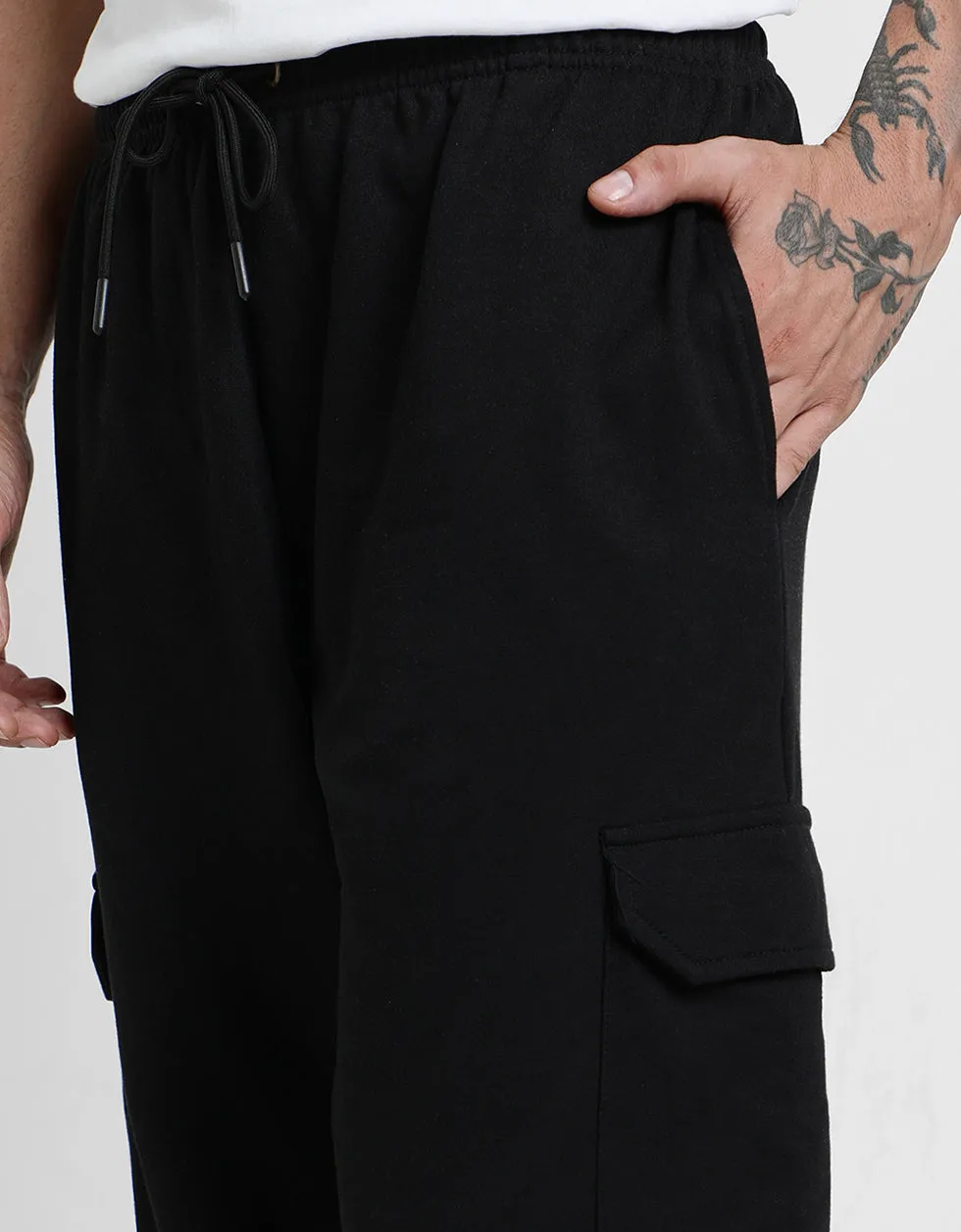 Black Solid Baggy Fit Cargo Joggers