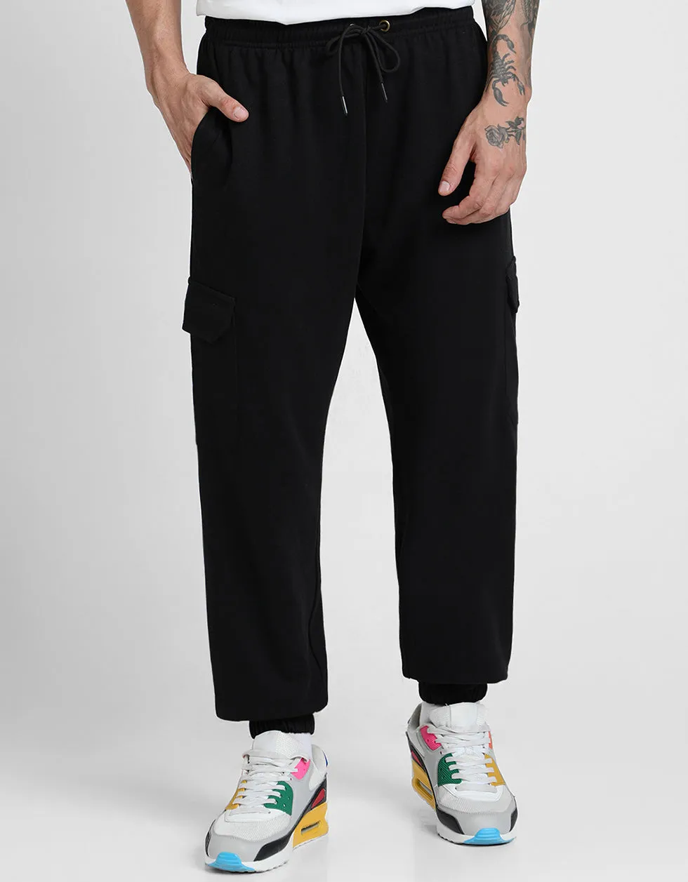 Black Solid Baggy Fit Cargo Joggers