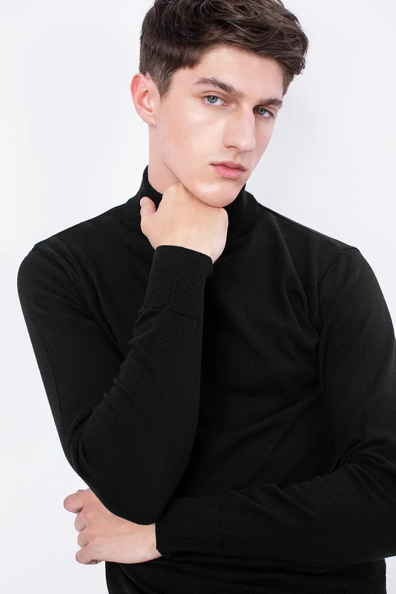 Black Solid Rib-Knit Turtle Neck Sweater