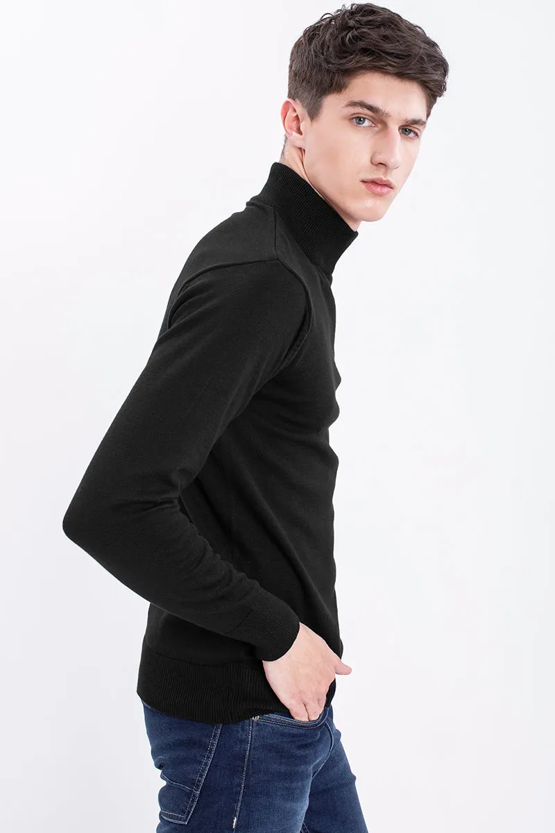 Black Solid Rib-Knit Turtle Neck Sweater