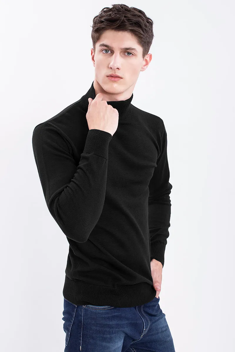 Black Solid Rib-Knit Turtle Neck Sweater