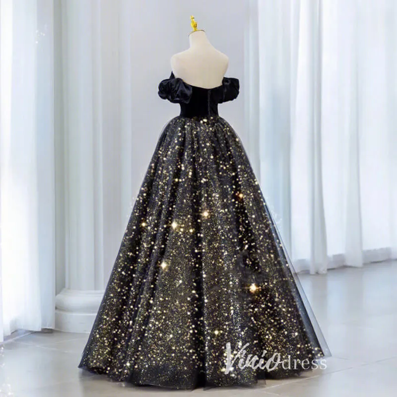 Black Sparkly Tulle Prom Dresses Off the Shoulder Formal Gown FD3241