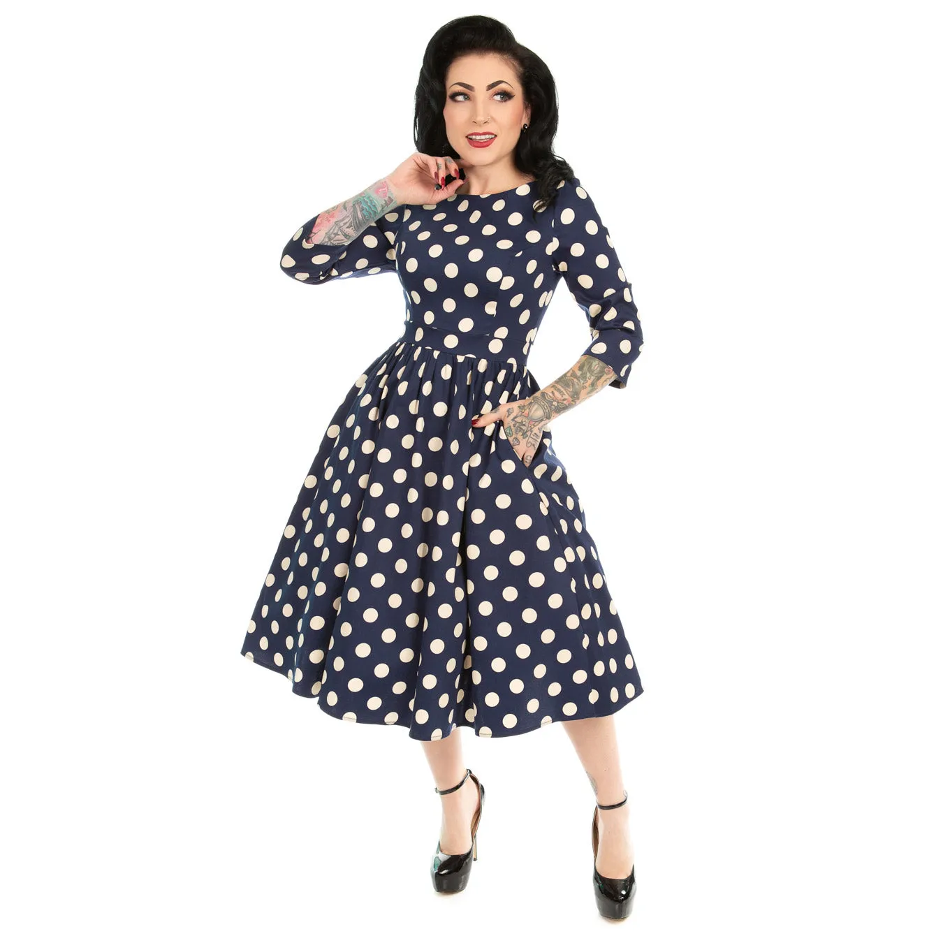 Blue And Cream Polka Dot Vintage 50s 3/4 Sleeve Swing Tea Dress