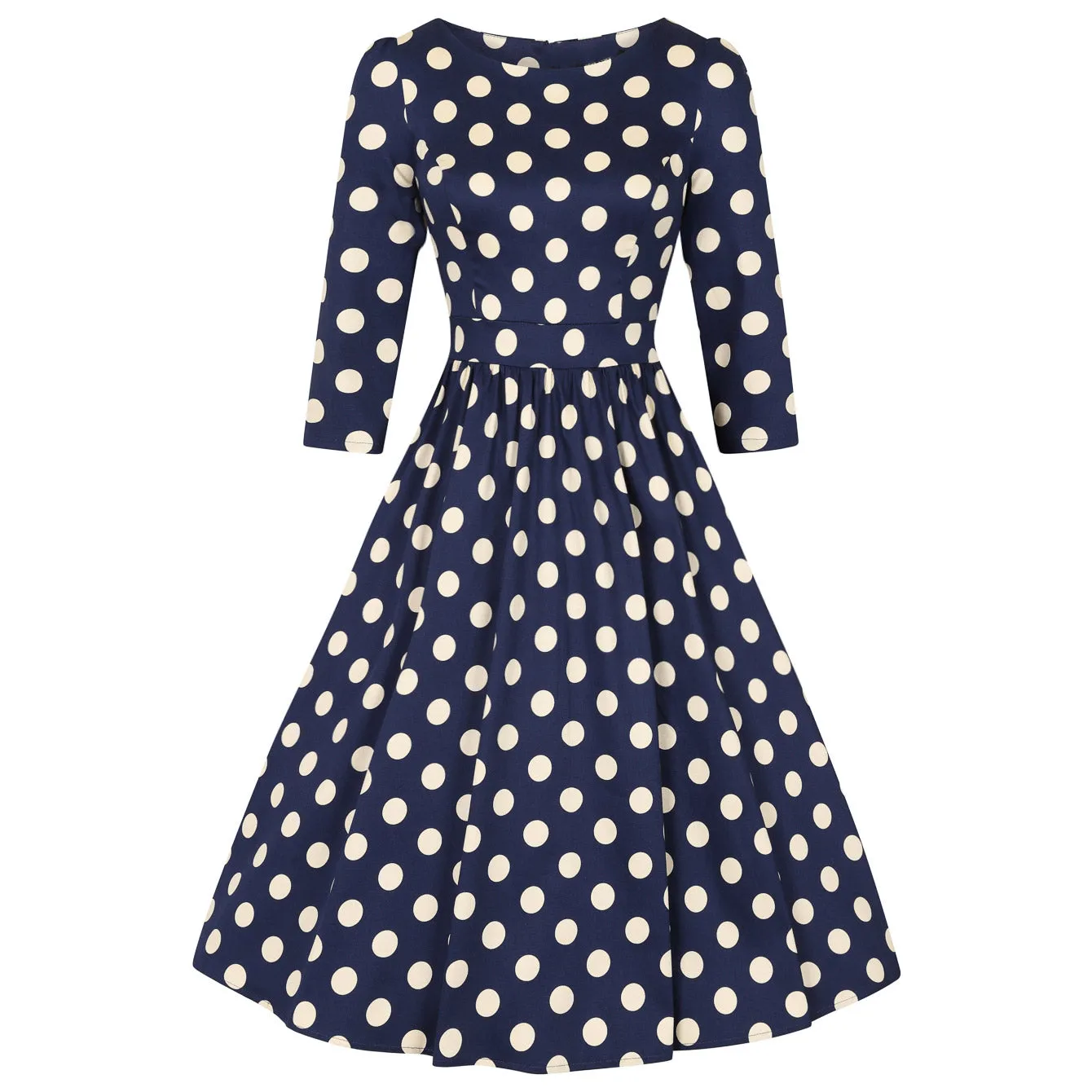 Blue And Cream Polka Dot Vintage 50s 3/4 Sleeve Swing Tea Dress