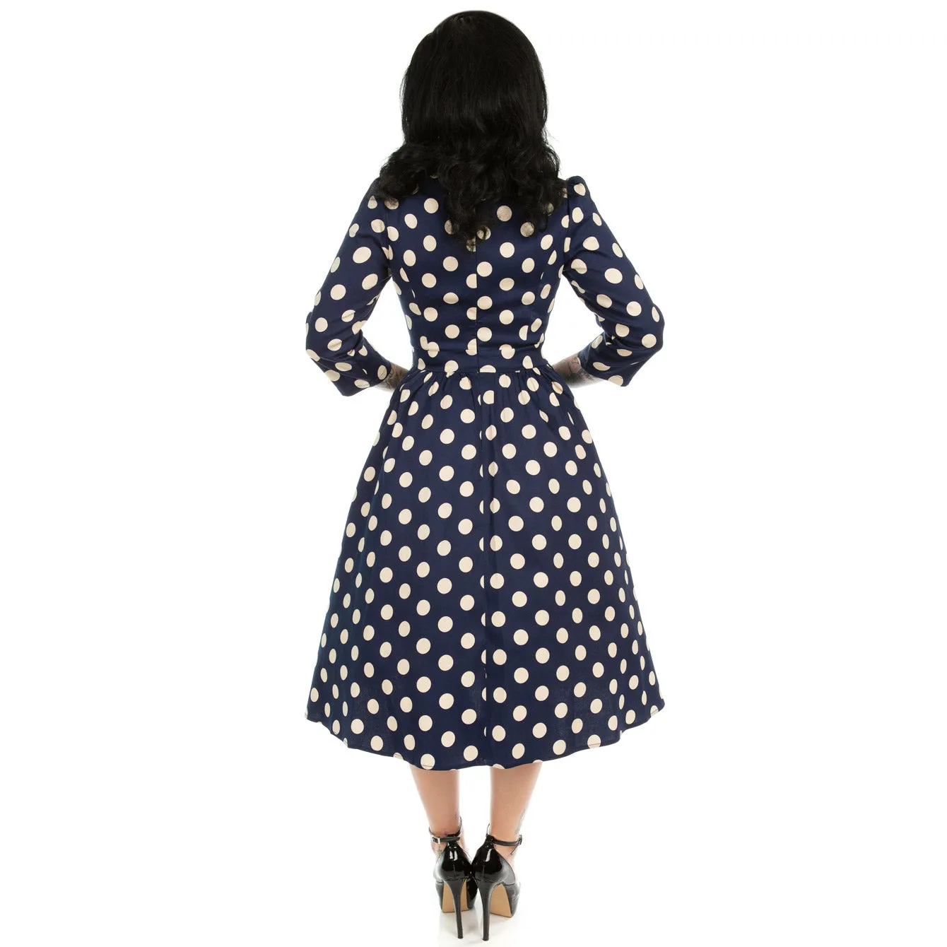 Blue And Cream Polka Dot Vintage 50s 3/4 Sleeve Swing Tea Dress