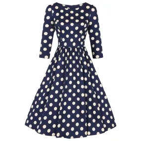 Blue And Cream Polka Dot Vintage 50s 3/4 Sleeve Swing Tea Dress