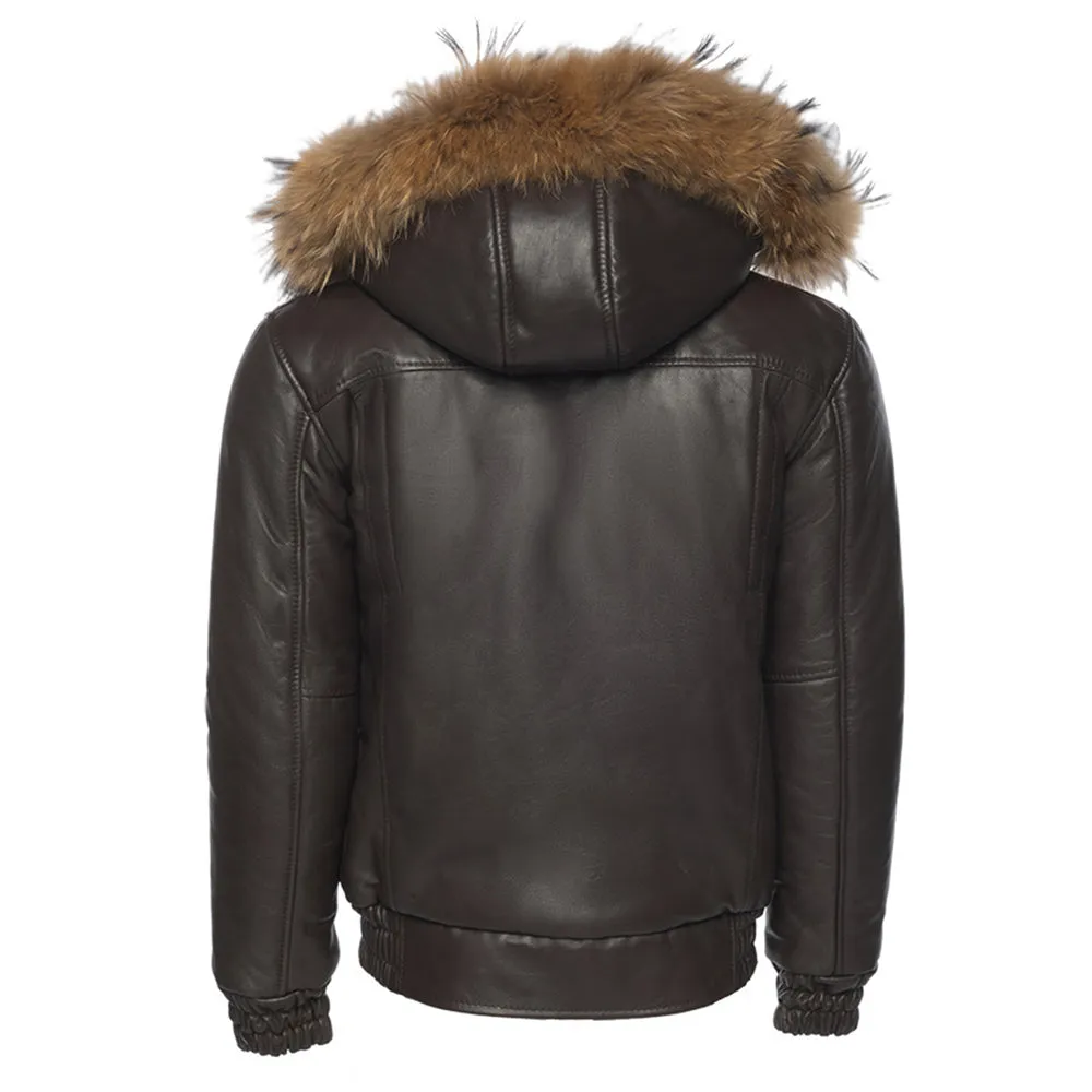 Castillo Brown winter leather jacket with hoodie