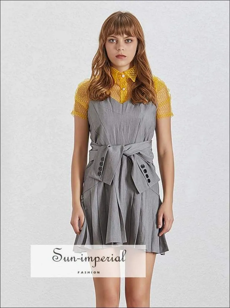 Cecelia Dress- Women's Dress Lapel Dot Shirt Perspective Strap Pleated Dress