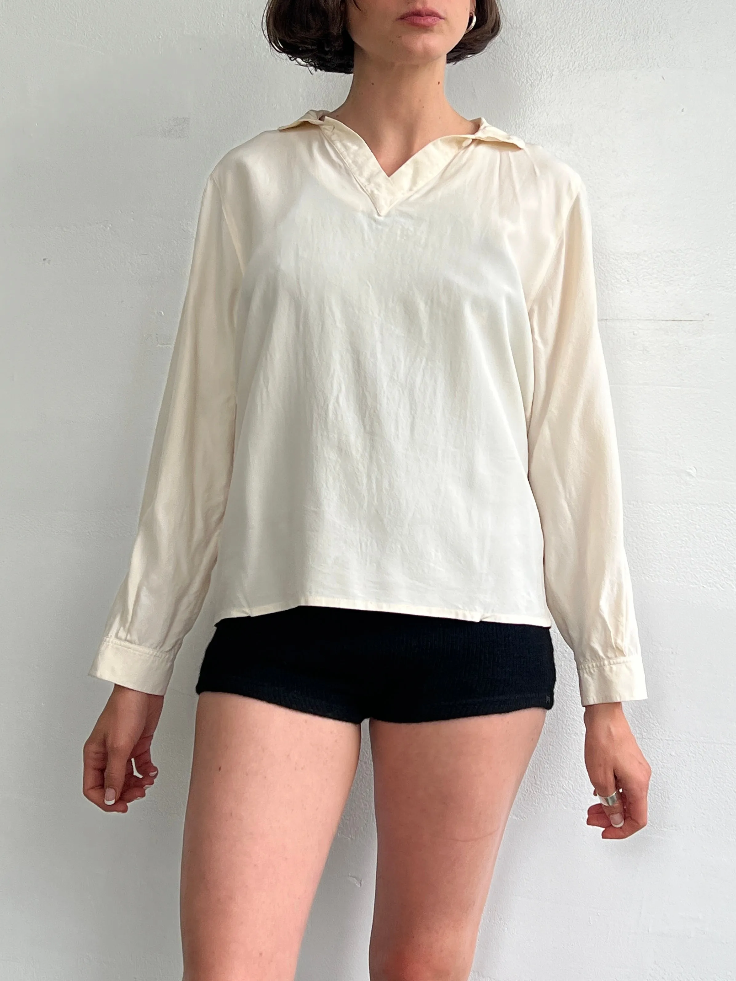 Creamy Silk Collared Blouse (M)