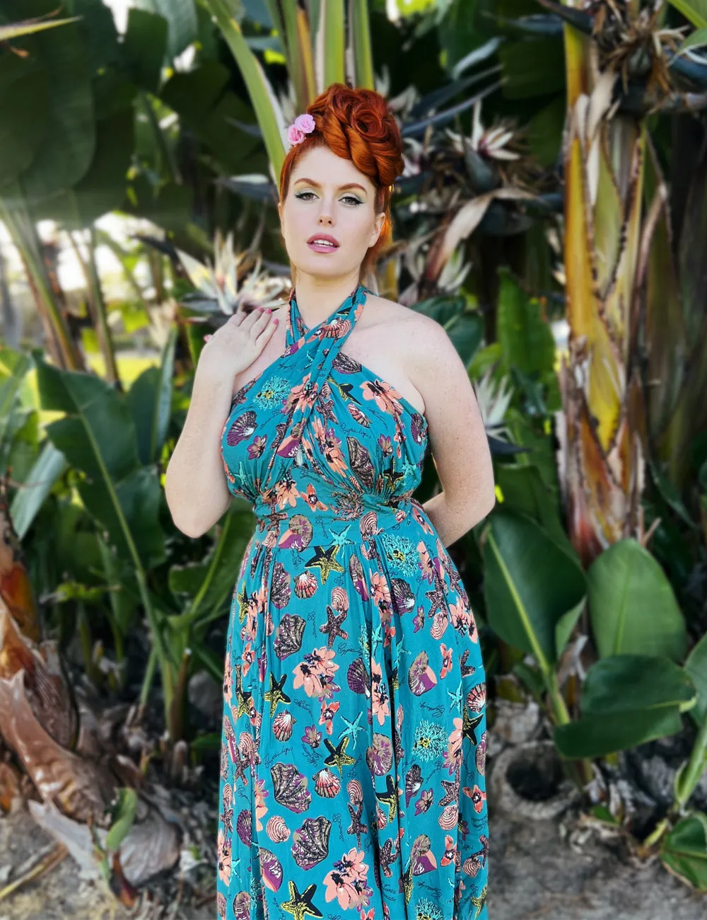 Doris Mayday for Loco Lindo - Teal Star of the Sea Mayday Halter Swing Dress