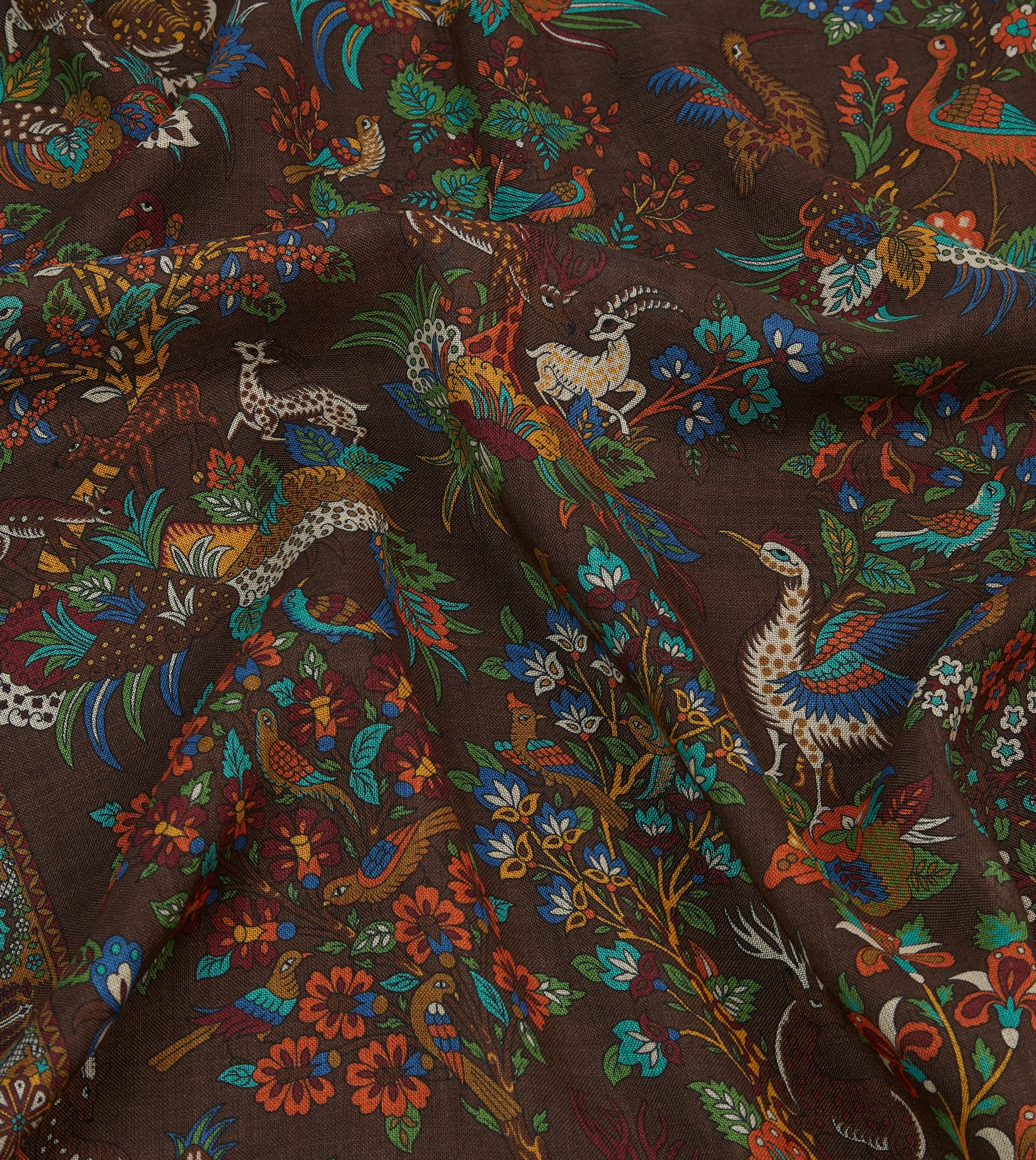 Drake's Forest Animals Print Wool & Silk Scarf / Brown