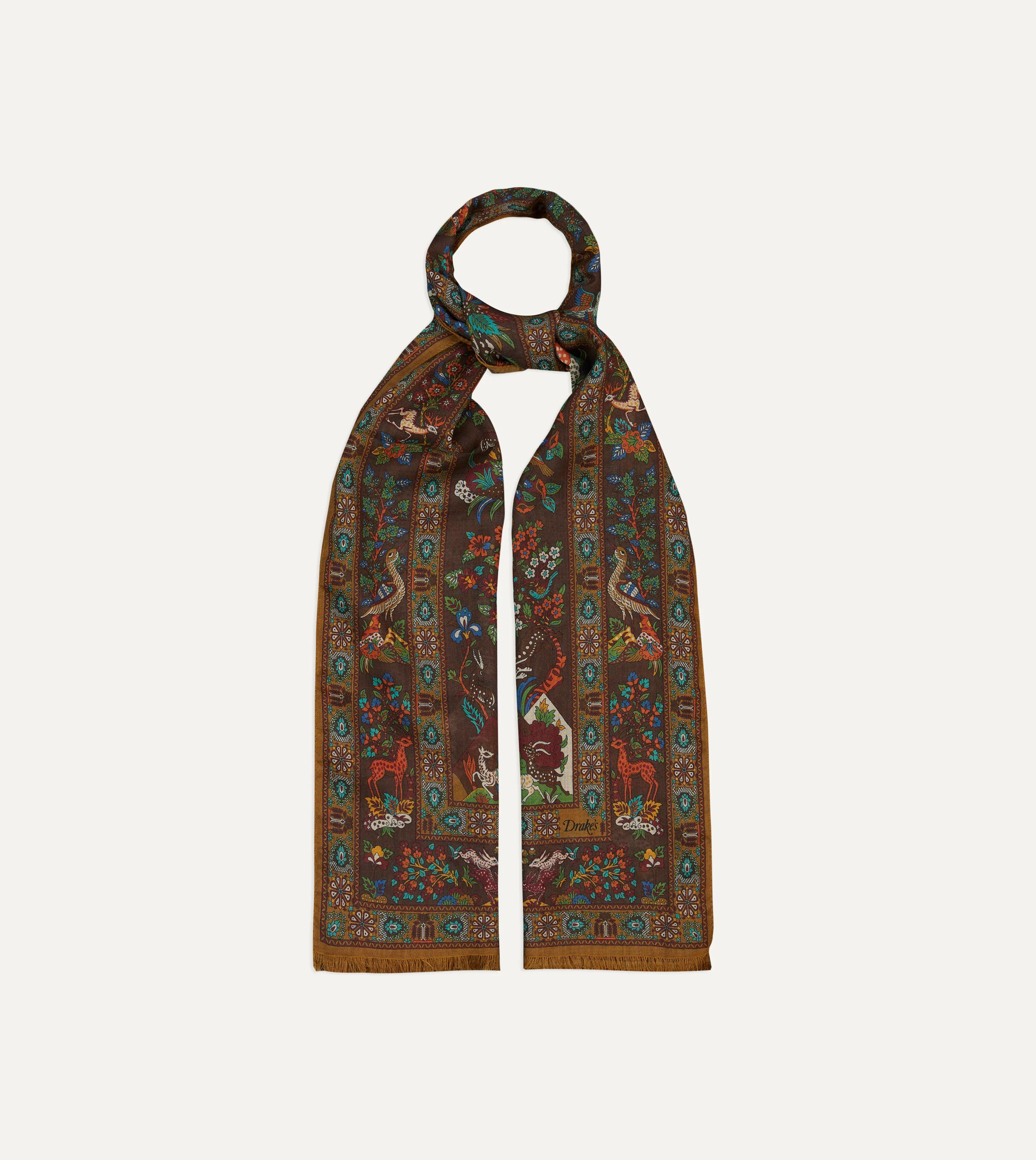 Drake's Forest Animals Print Wool & Silk Scarf / Brown