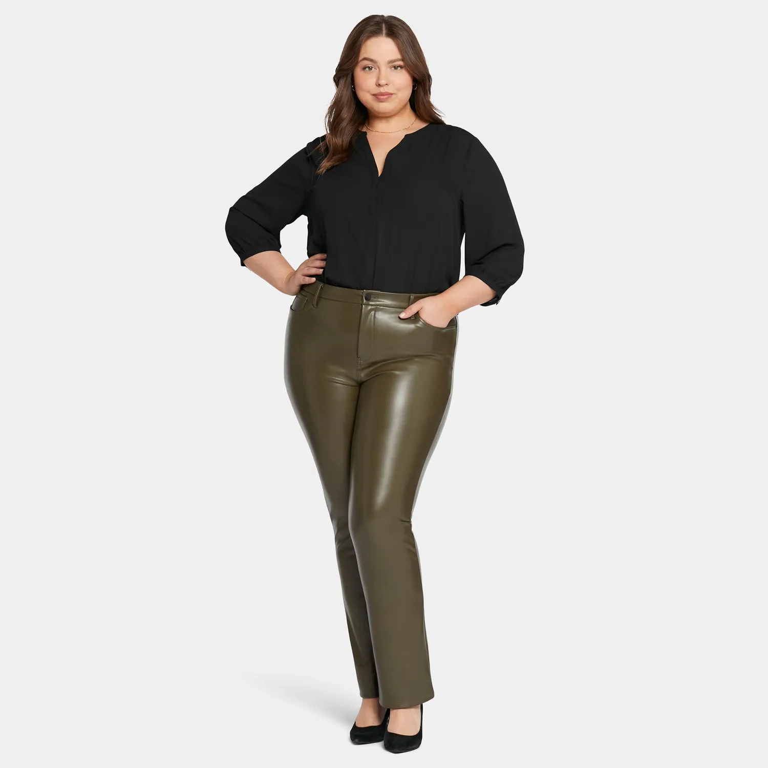 Faux Leather Marilyn Straight Pants In Plus Size - Ripe Olive