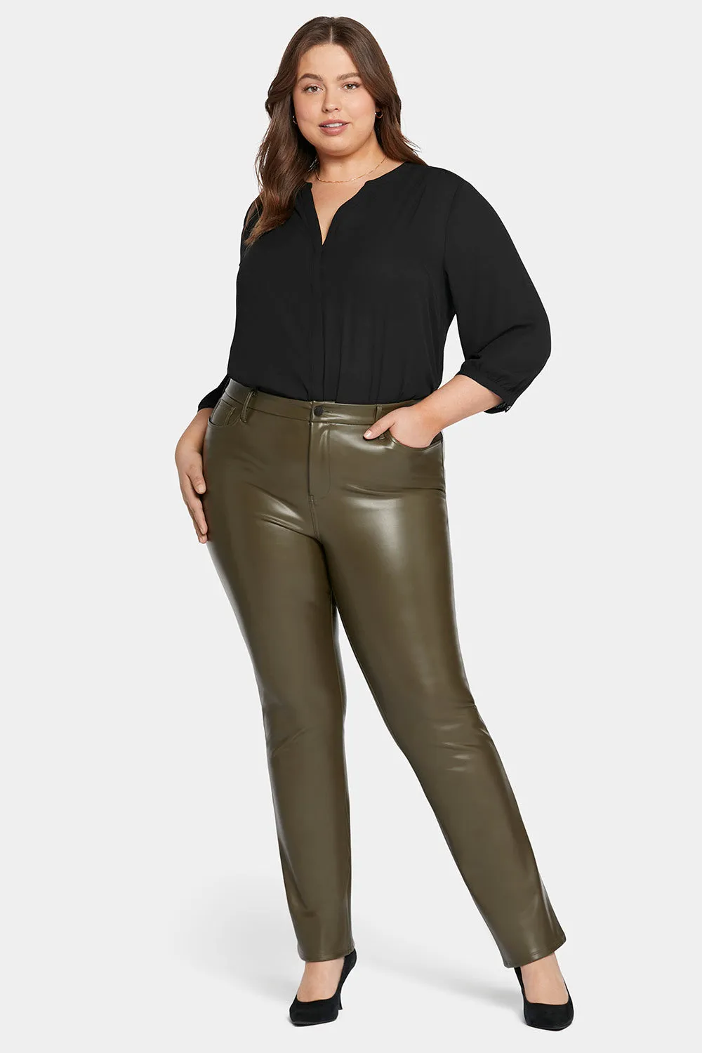 Faux Leather Marilyn Straight Pants In Plus Size - Ripe Olive