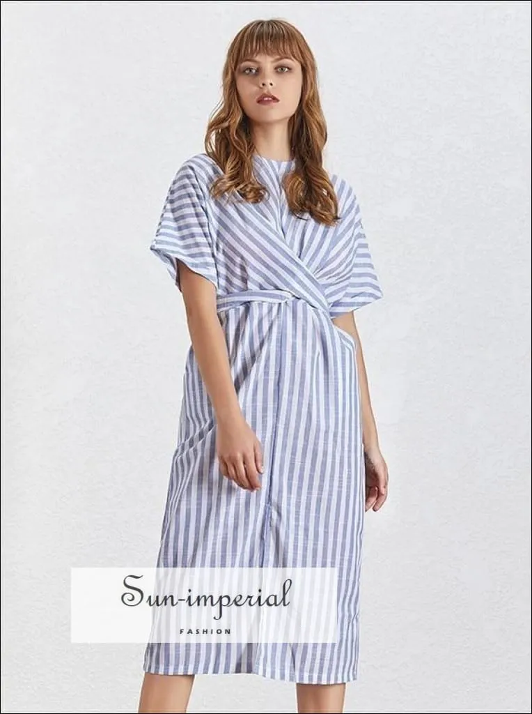 Freya Dress- Summer Striped Women Dress O Neck Short Sleeve Lace up Split Midi Dress