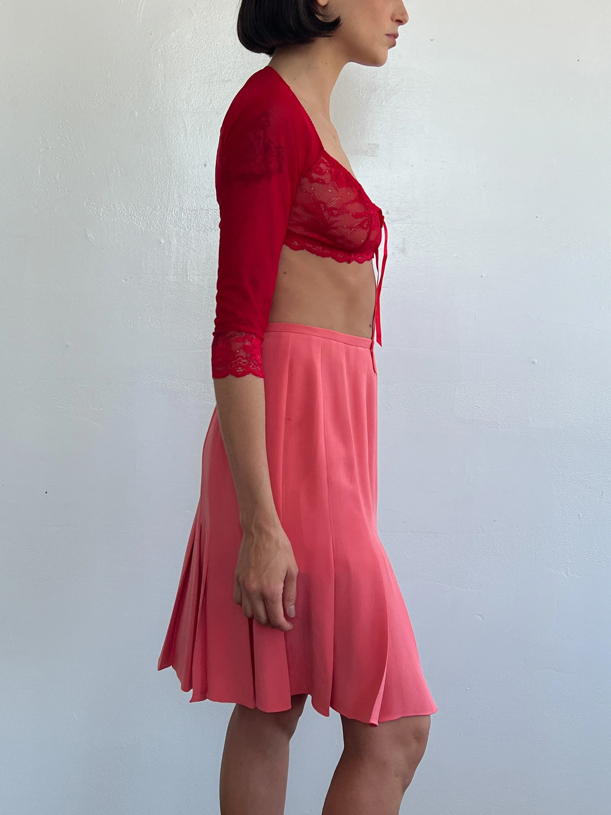 Guava Silk Pleated Skirt (S)