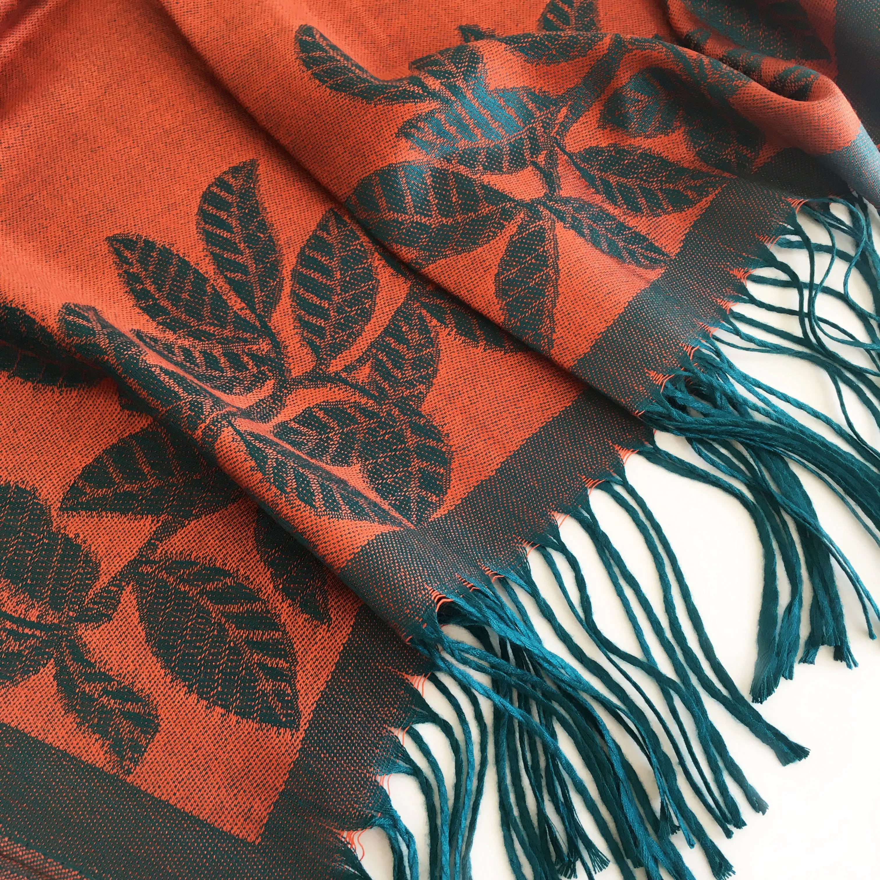 LARGE ORANGE TEAL LEAF PRINT REVERSIBLE PASHMINA SHAWL SCARF