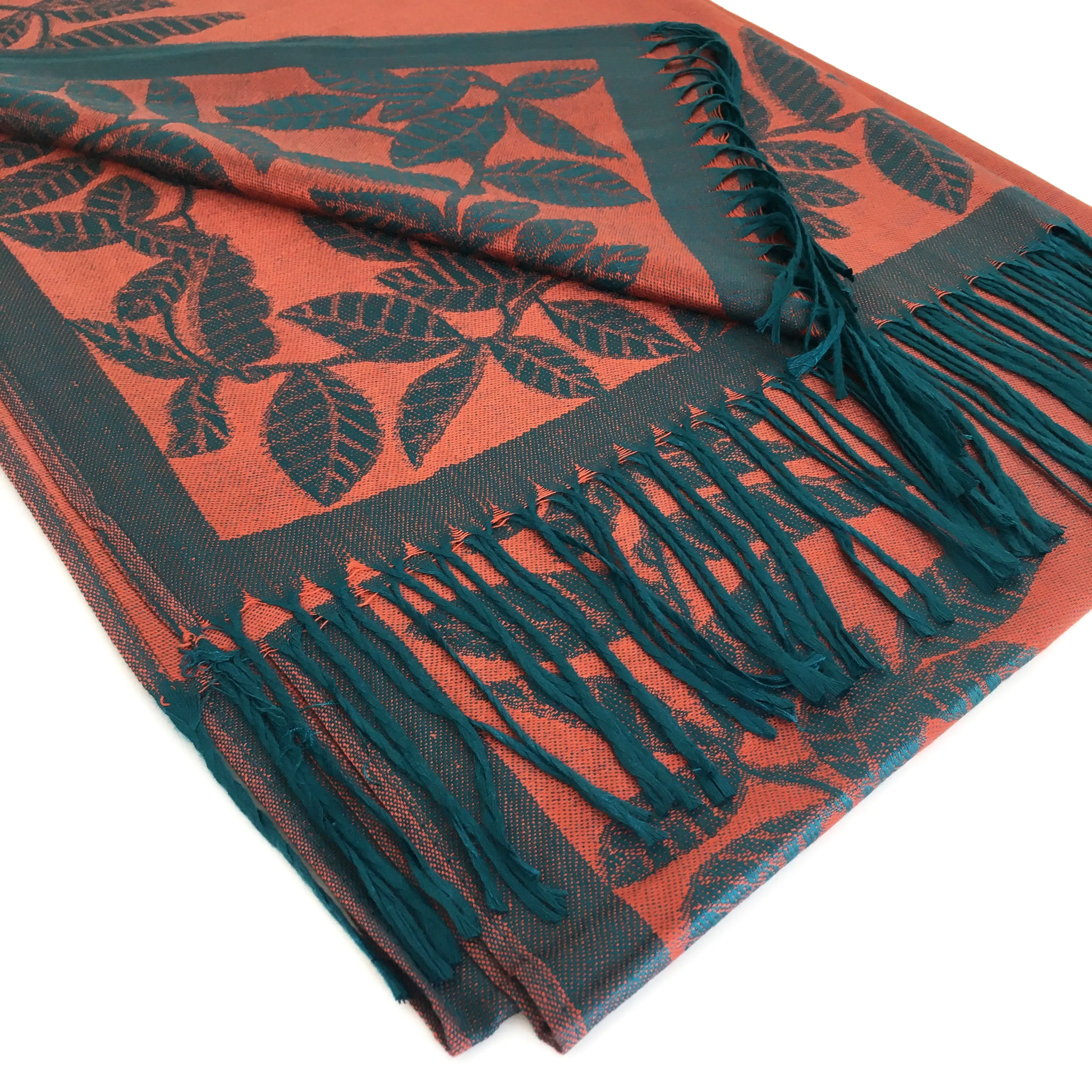 LARGE ORANGE TEAL LEAF PRINT REVERSIBLE PASHMINA SHAWL SCARF