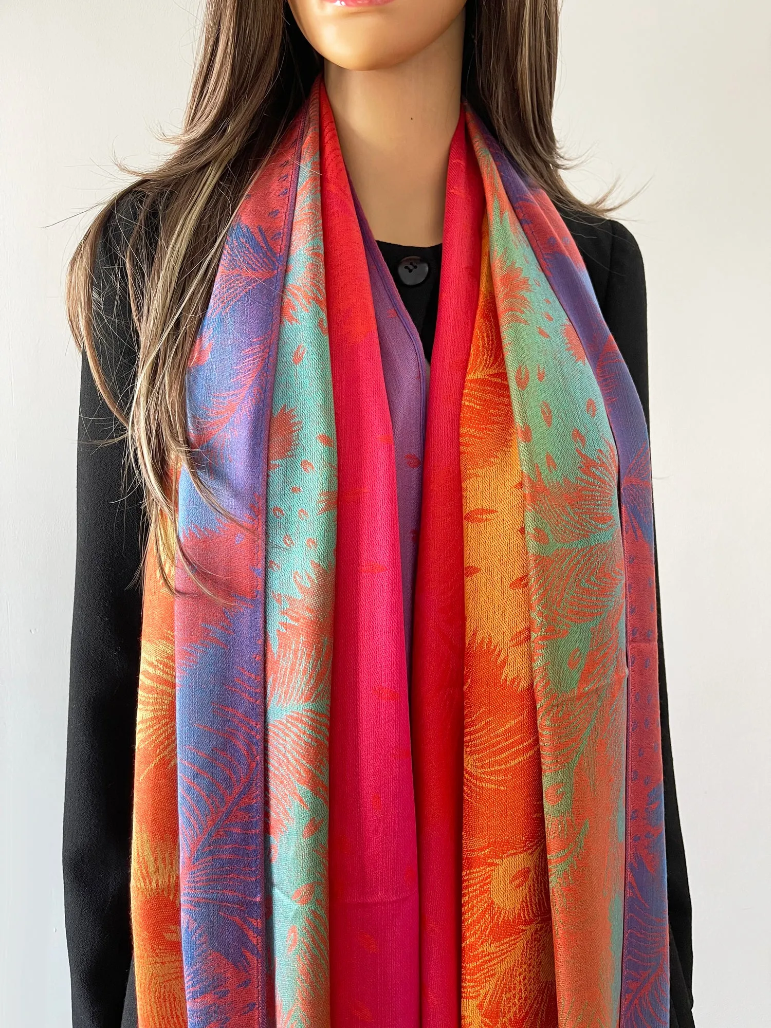 LARGE SUNSET RAINBOW FEATHER AND LEAF PRINT PASHMINA SHAWL SCARF