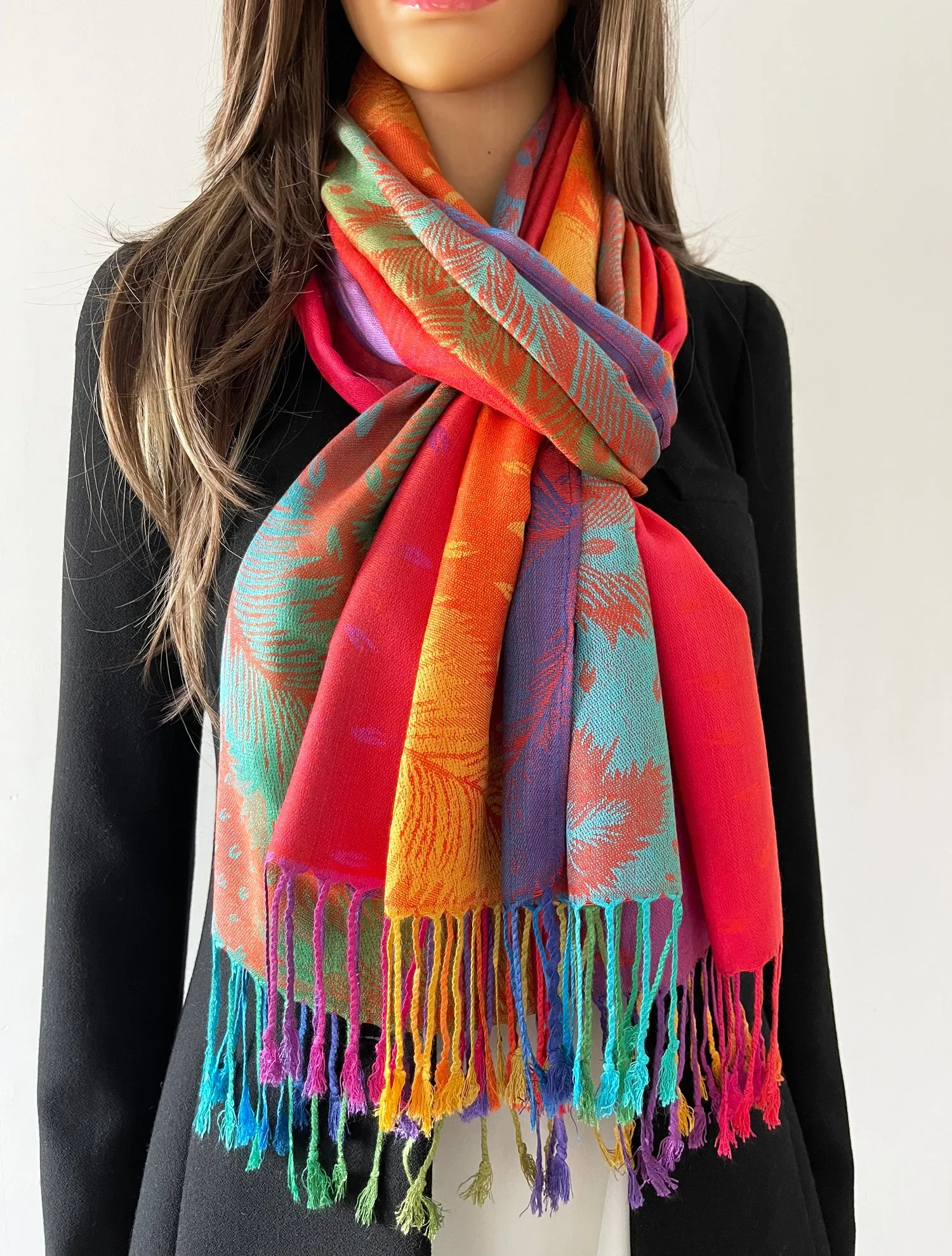 LARGE SUNSET RAINBOW FEATHER AND LEAF PRINT PASHMINA SHAWL SCARF