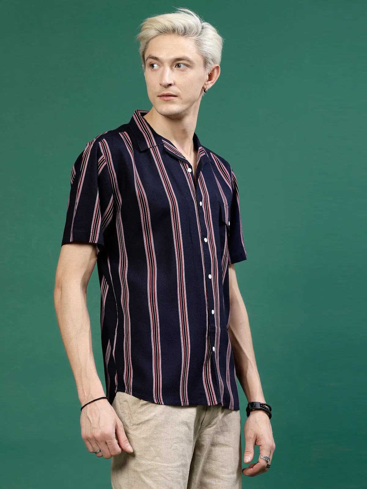 Men's Cut Away Collar Striped Shirt