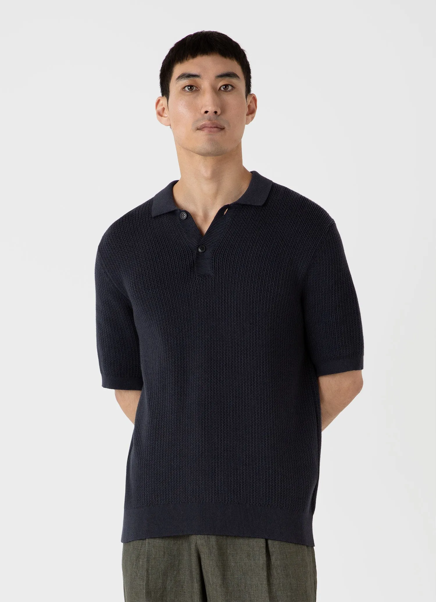 Men's Textured Knit Polo Shirt in Navy