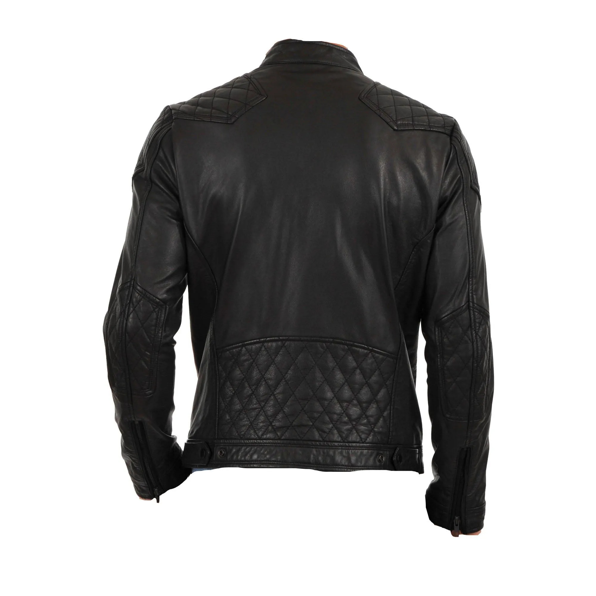 Moto style leather jacket with quilted stitching patches