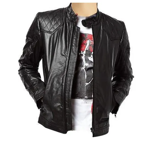 Moto style leather jacket with quilted stitching patches