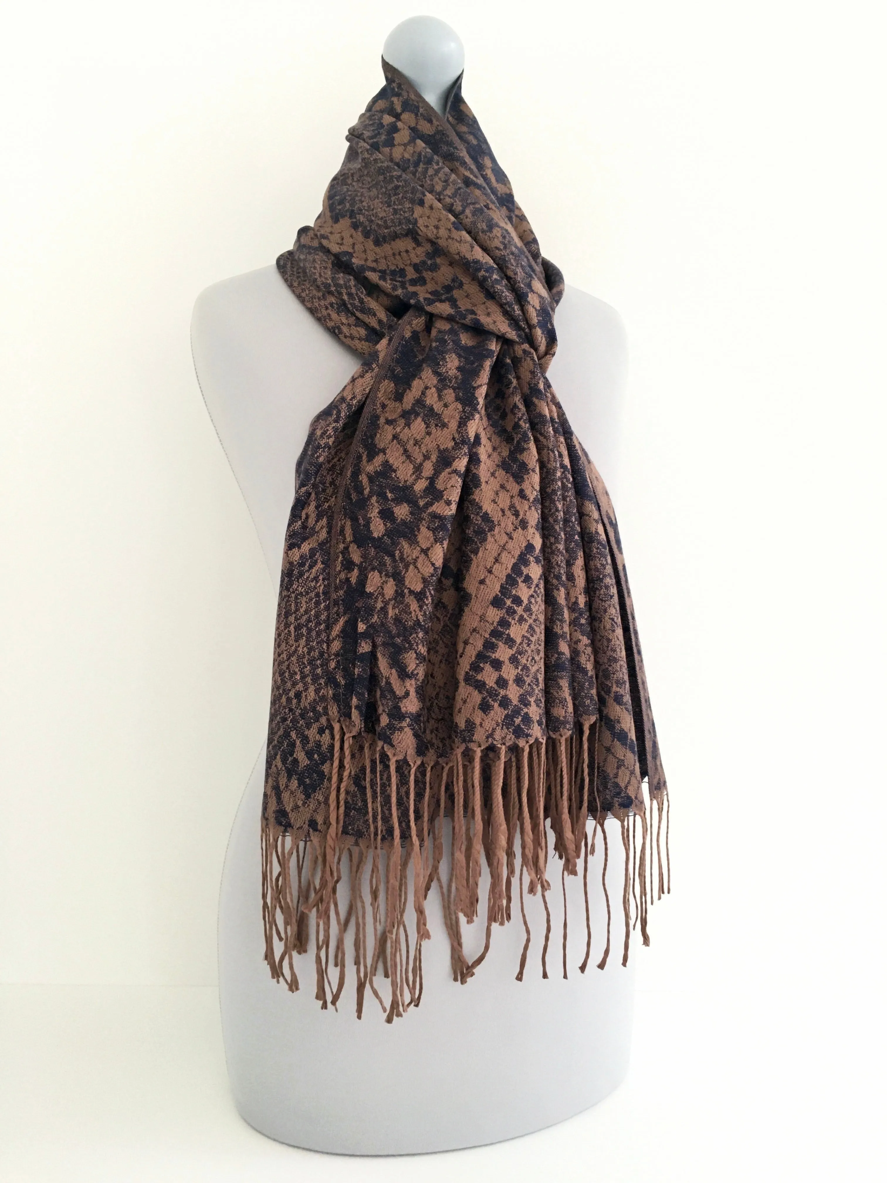 NAVY BRONZE LARGE SNAKESKIN PRINT REVERSIBLE PASHMINA SHAWL SCARF