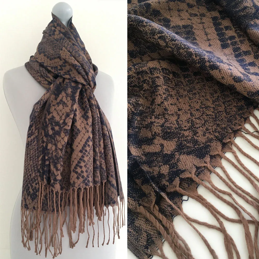 NAVY BRONZE LARGE SNAKESKIN PRINT REVERSIBLE PASHMINA SHAWL SCARF