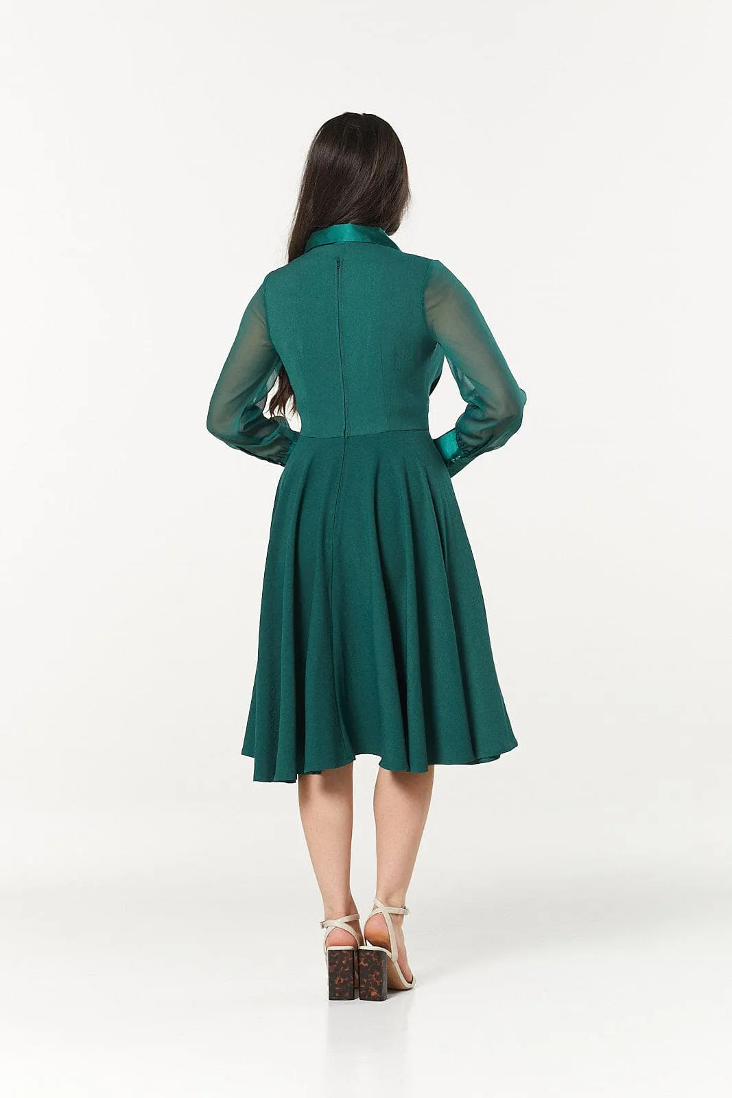 Polly Midi A- Line Long Chiffon Sleeves Green Dress