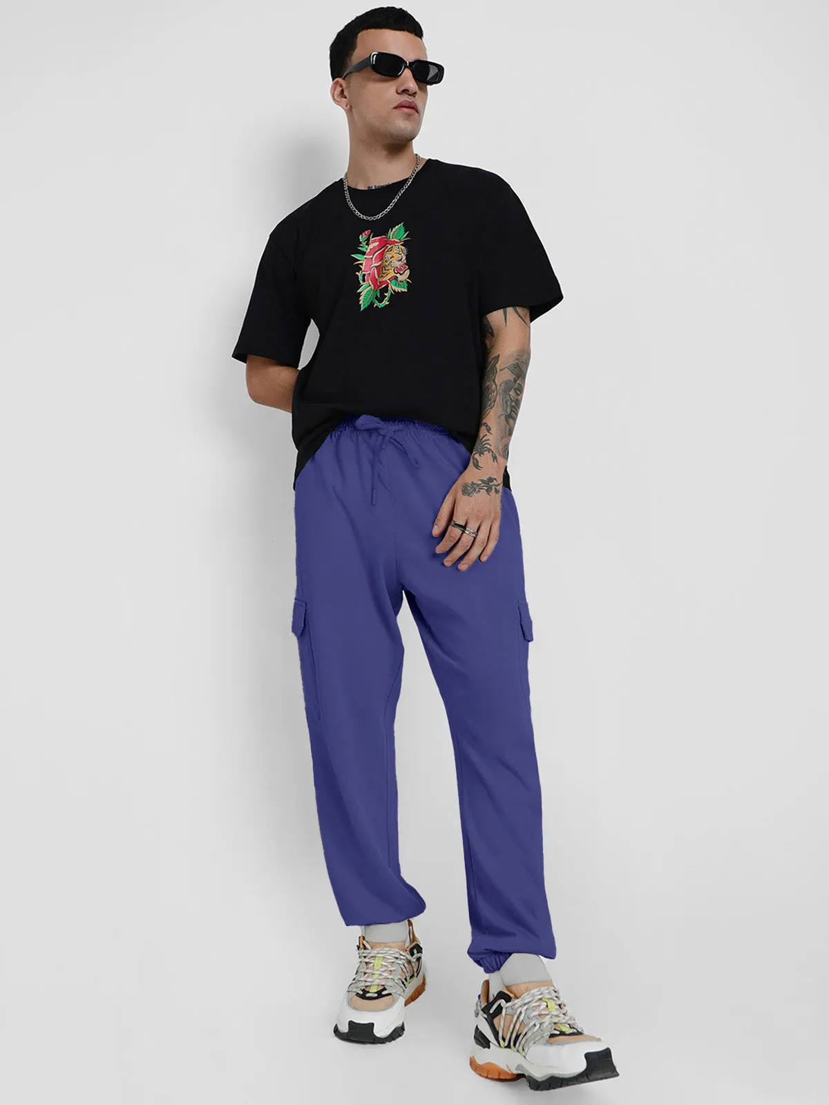 Skipper Blue Solid Baggy Fit Cargo Joggers