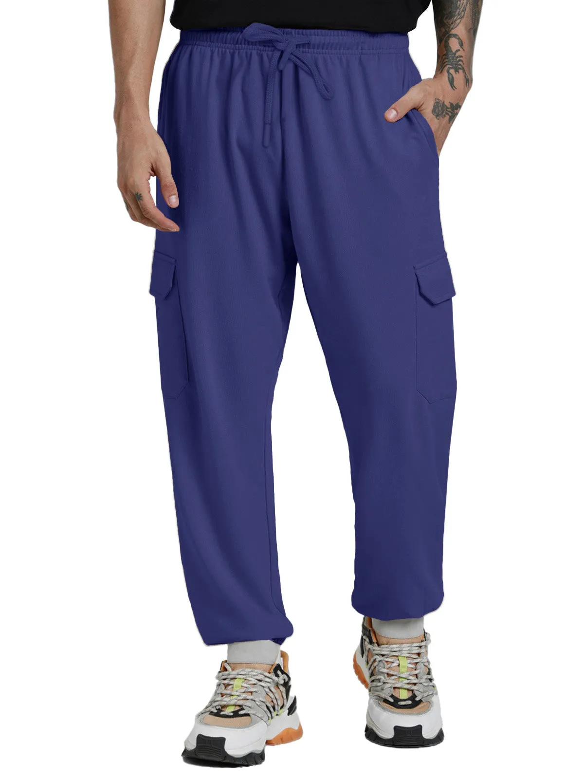 Skipper Blue Solid Baggy Fit Cargo Joggers