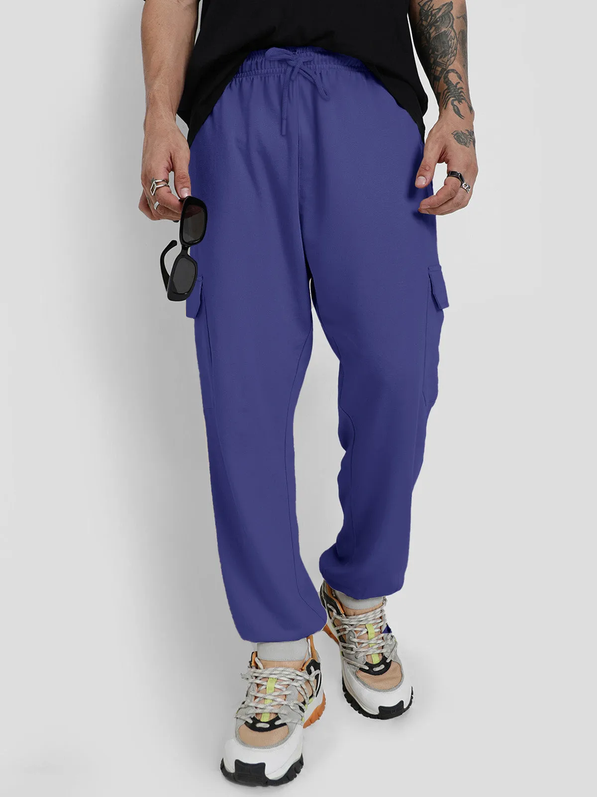 Skipper Blue Solid Baggy Fit Cargo Joggers