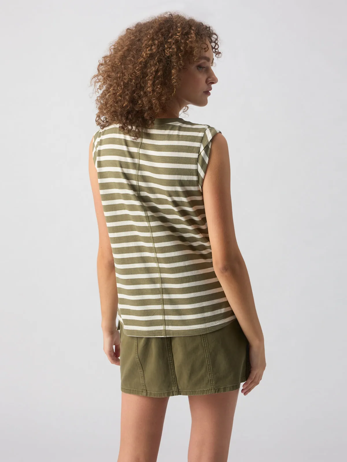 Traveler Twist Sleeve Tee Light Ecru Olive Stripe