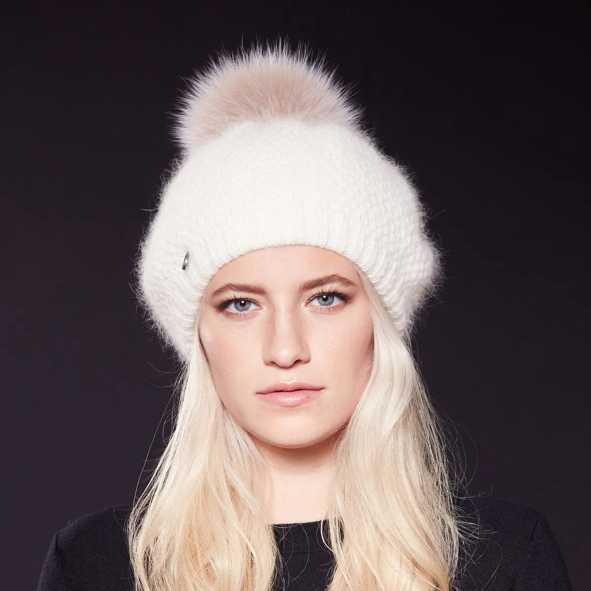 VIRGINIA - ANGORA BERET HAT WITH UPCYCLED FUR POM