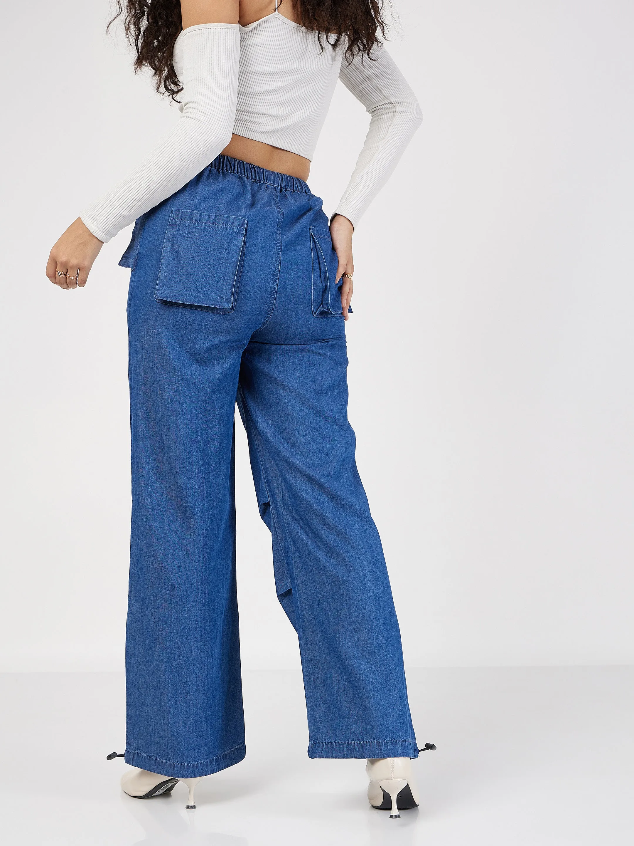 Women Blue Denim Baggy Fit Cargo Pants