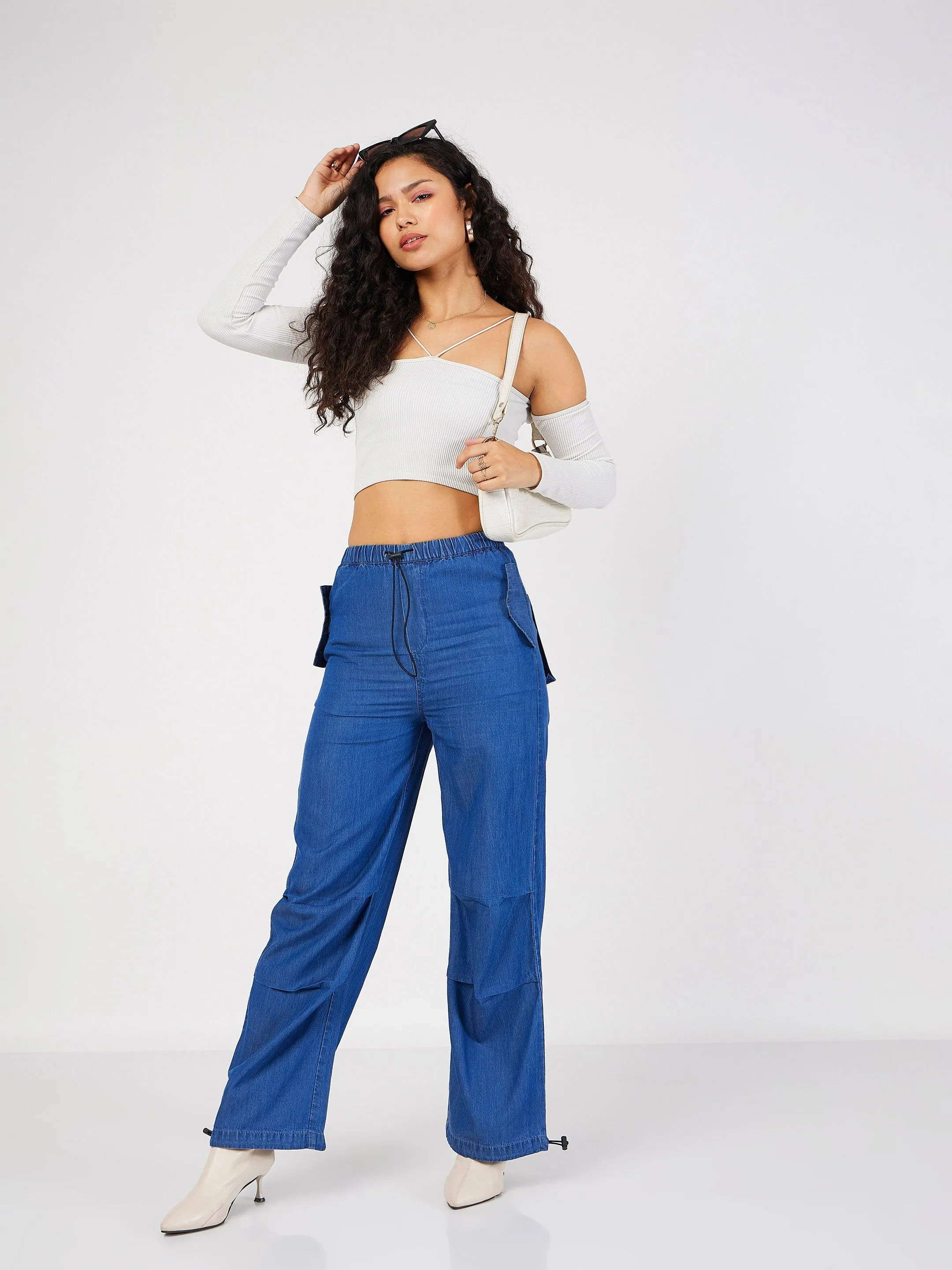 Women Blue Denim Baggy Fit Cargo Pants