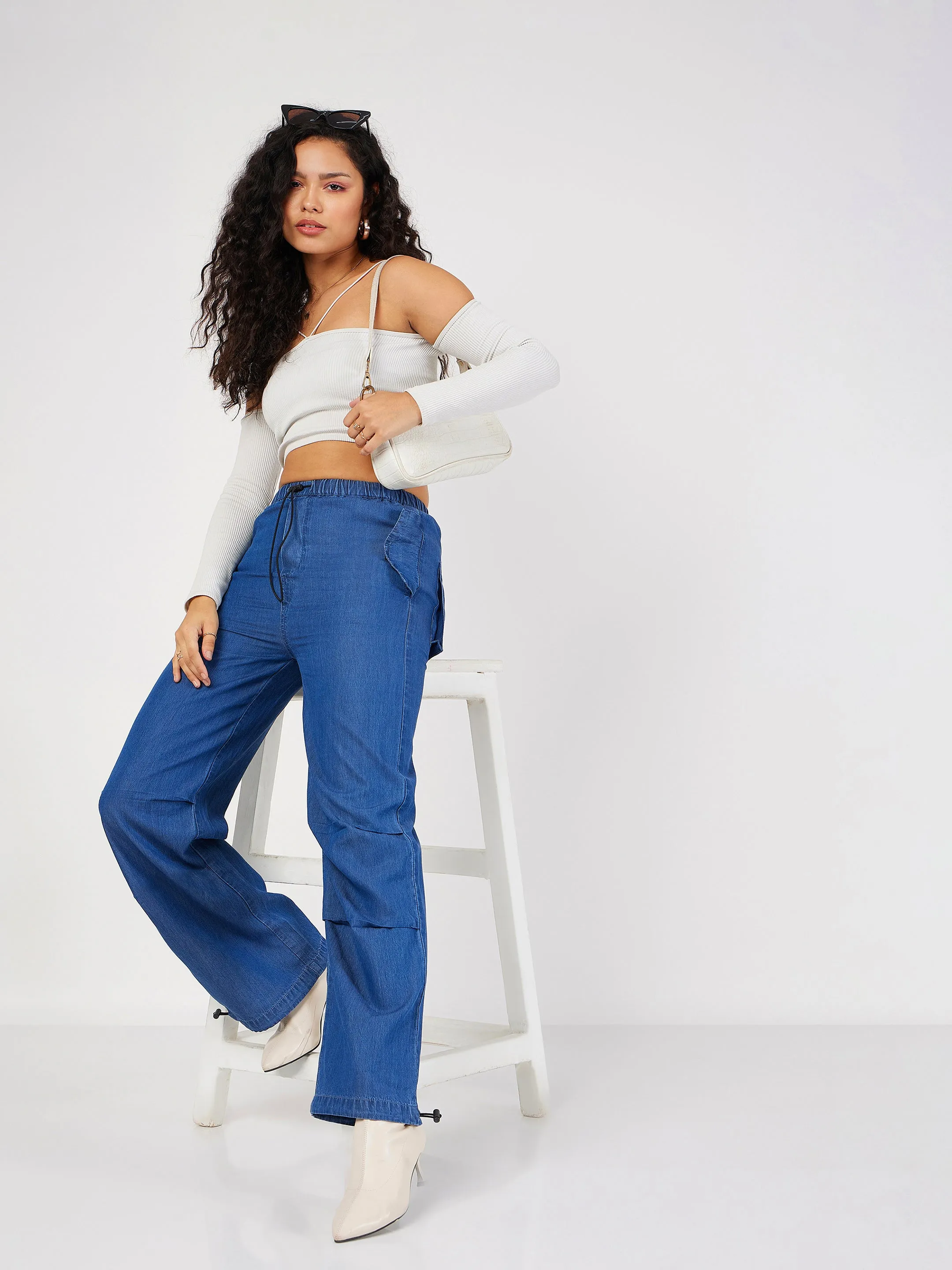 Women Blue Denim Baggy Fit Cargo Pants